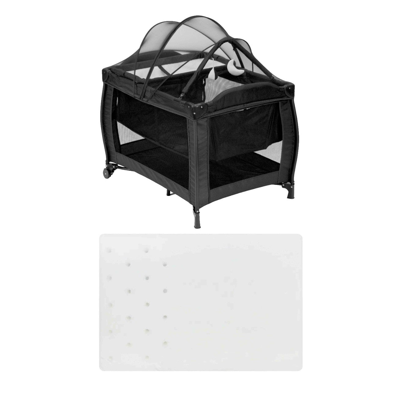 Chelino Tomy Camp Cot black foldable baby cot with mesh sides and included mattress for newborn to toddler use