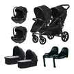 Deuce Twin 8 in 1 Travel System with stroller, two car seats, carry cots, and Isofix bases.