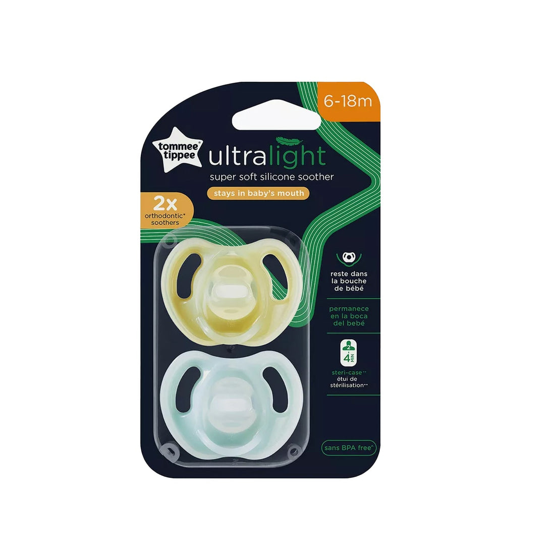 Tommee Tippee Ultra-Light silicone soothers 6-18 months, 2-pack, orthodontic design, super soft, BPA-free, light enough to stay in baby's mouth longer.
