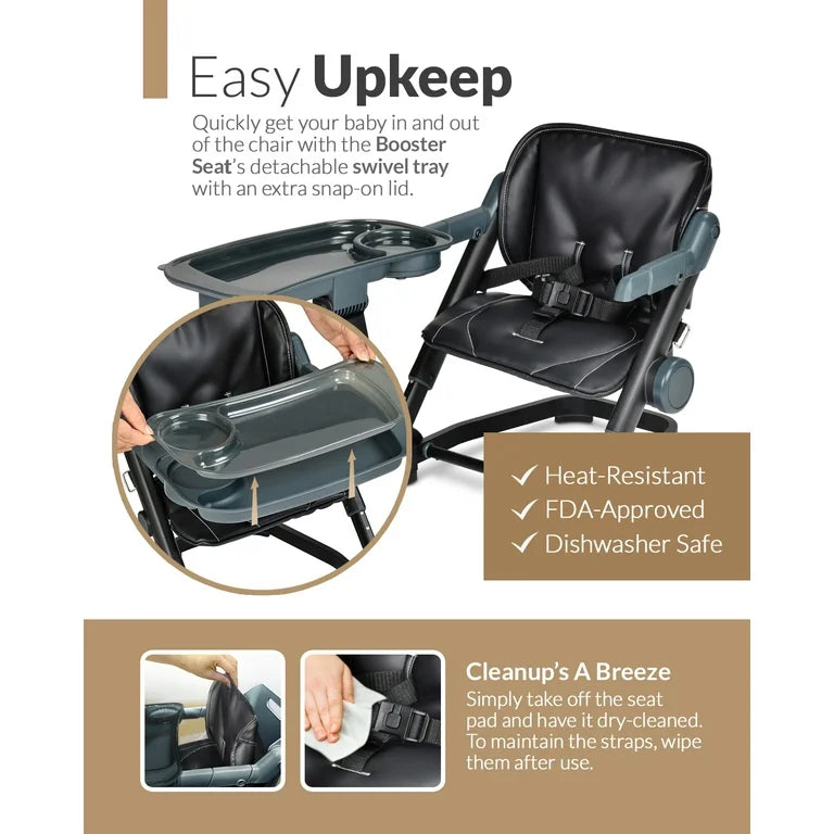 Lightweight and portable feeding chair with adjustable height, secure harness, and removable tray; perfect for toddlers at home or on the go.