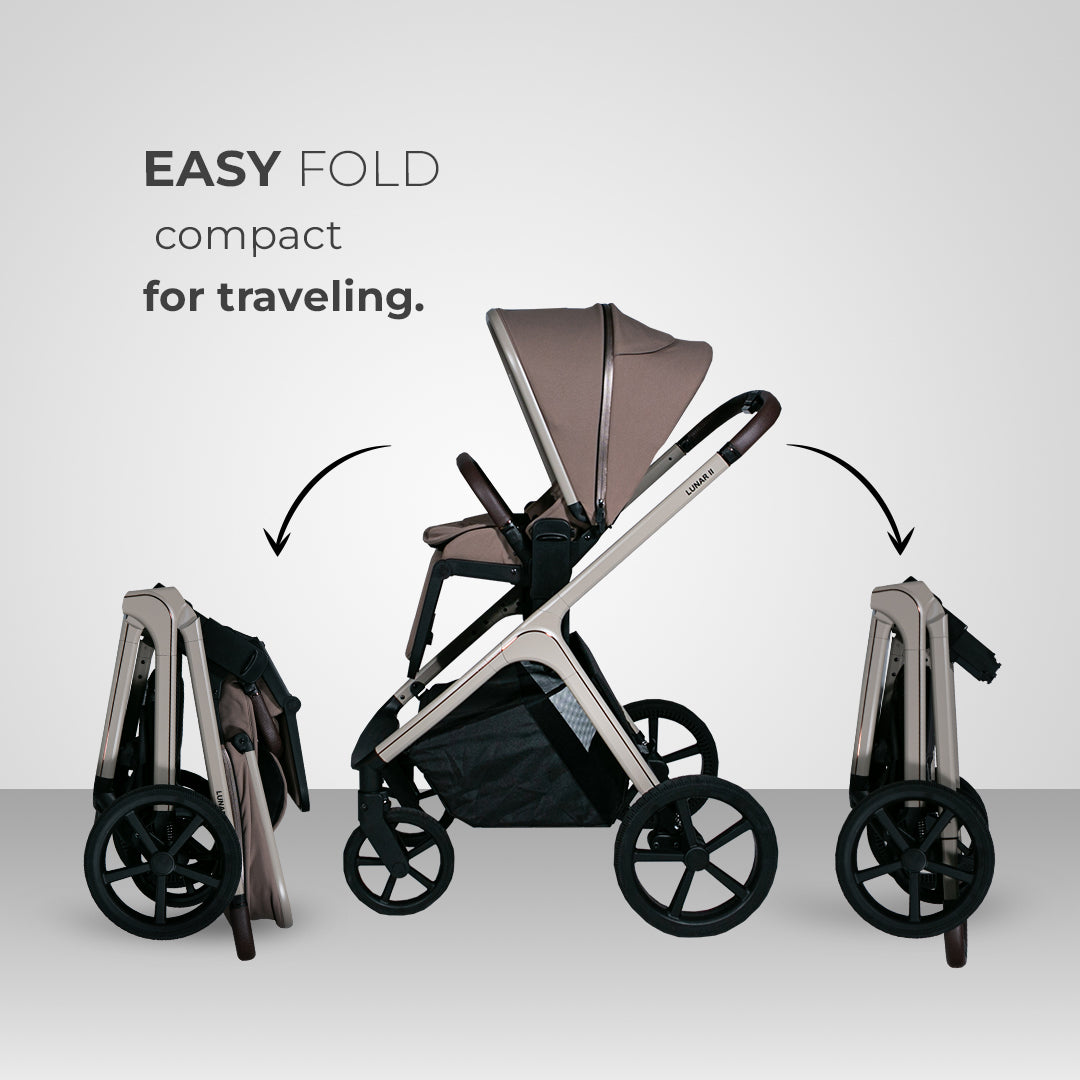 Lunar II Stroller & Carry Cot Travel System in Mocca, easy-fold design for compact traveling.