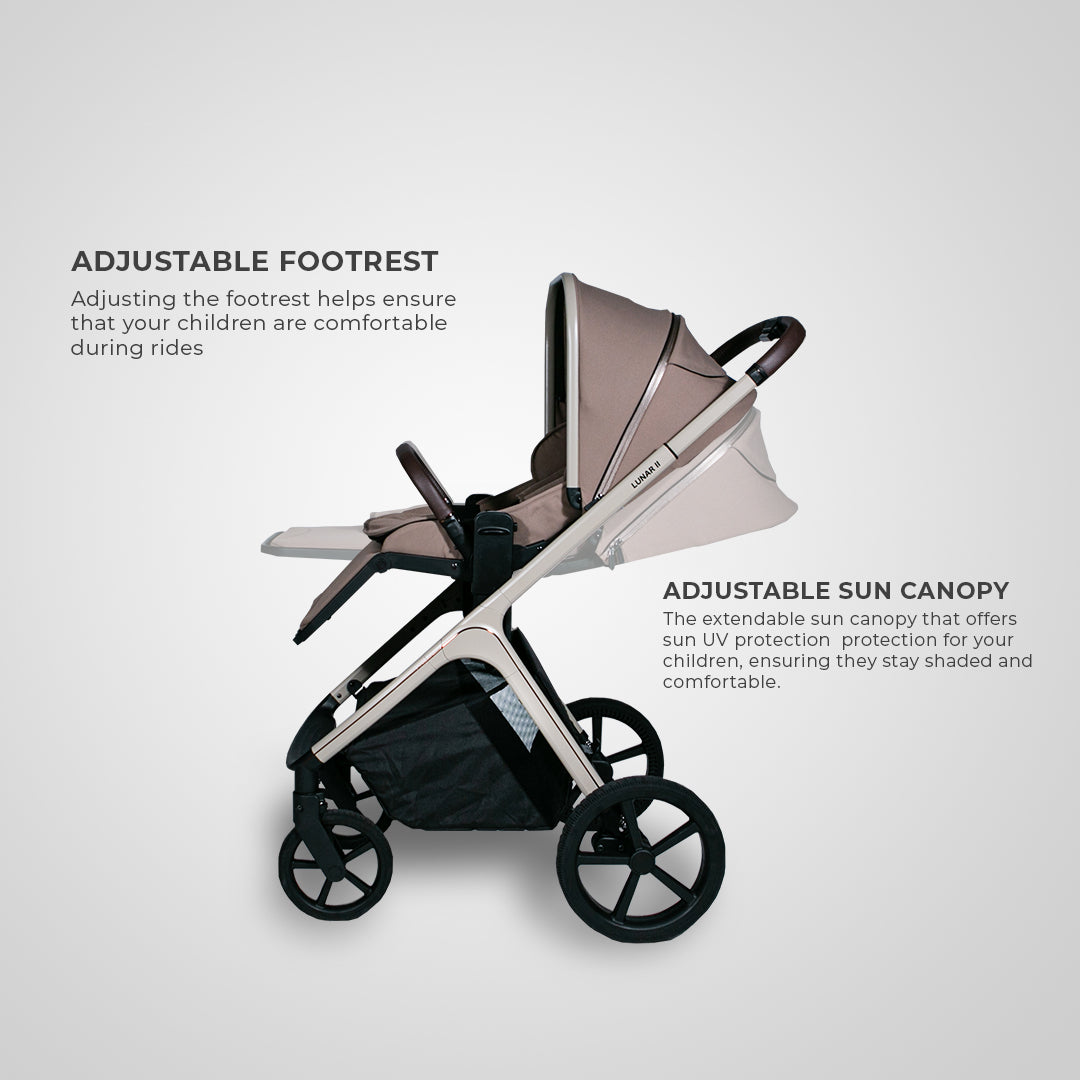 Beige Lunar II Travel System with adjustable footrest and sun canopy for child comfort.