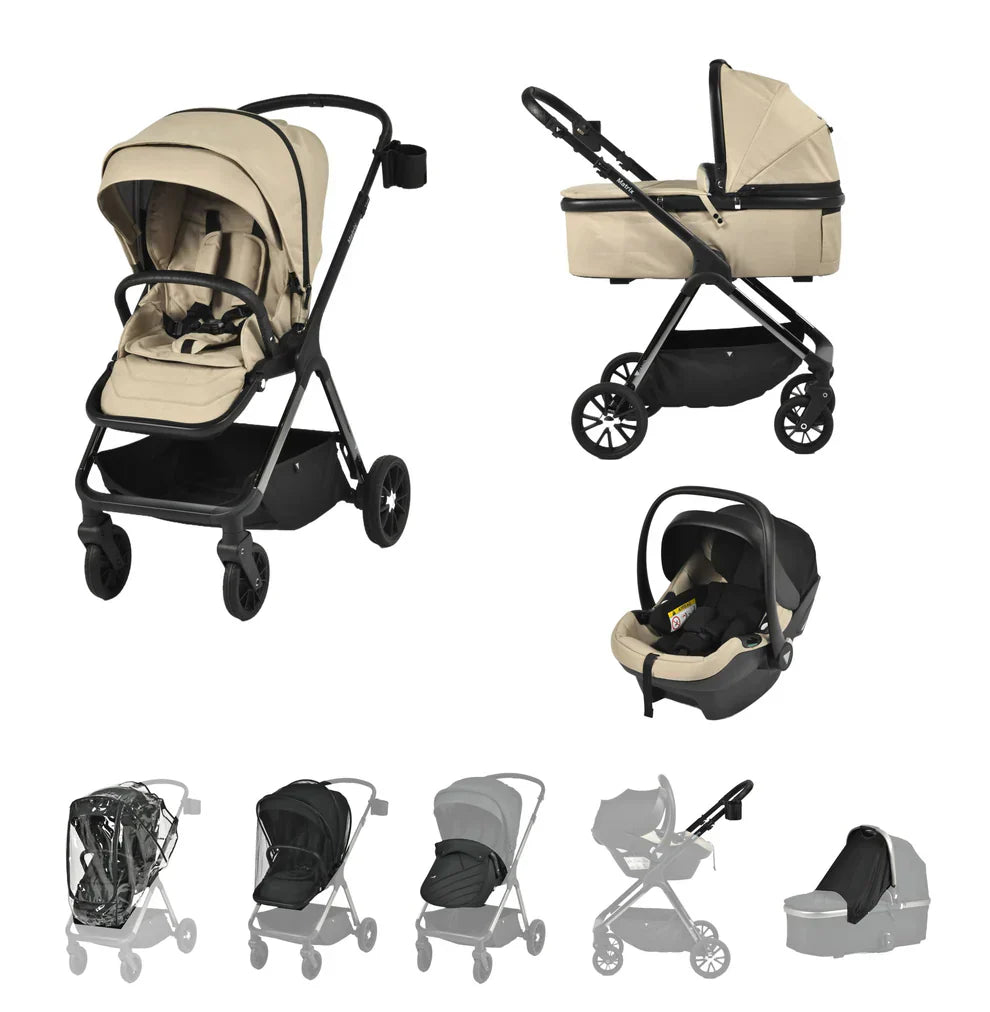 Viano Matrix 3 in 1 Travel System in sand color, showcasing stroller, car seat, and bassinet options for modern families.