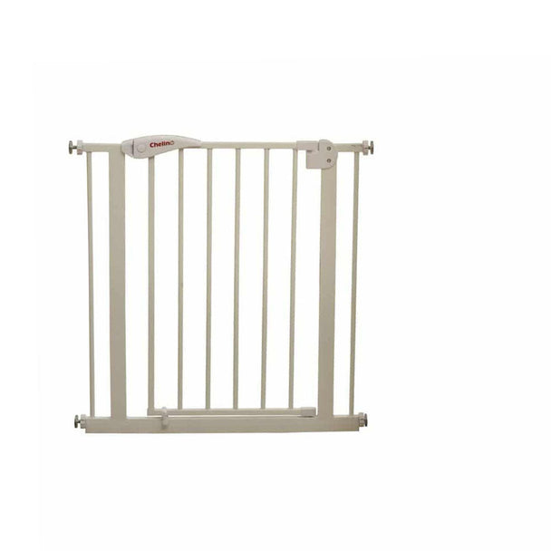Steel safety gate with easy close system and double locking mechanism for child safety.