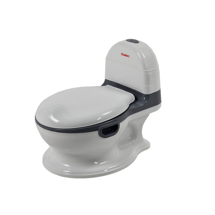 White and grey baby toilet with a comfortable design for toddler potty training transition.