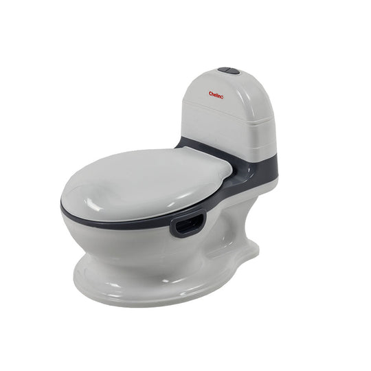 White and grey baby toilet with a comfortable design for toddler potty training transition.