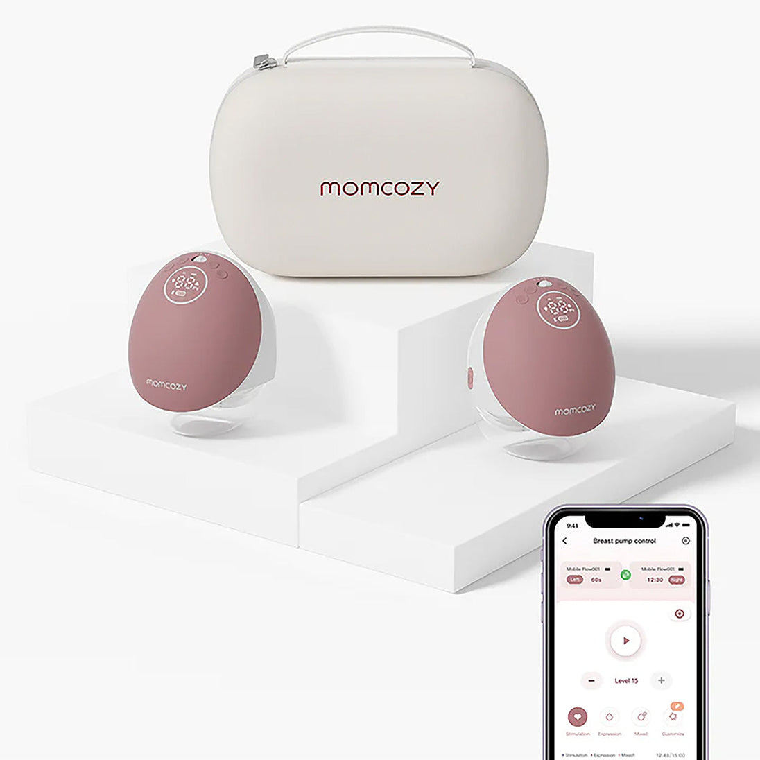 MomCozy M9 Double Breast Pump in red with digital display and adjustable suction levels for efficient milk expression