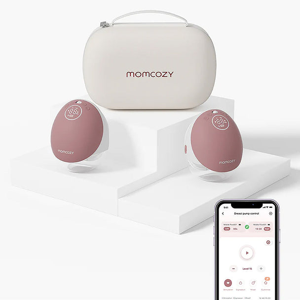 MomCozy M9 Double Breast Pump in red with digital display and adjustable suction levels for efficient milk expression