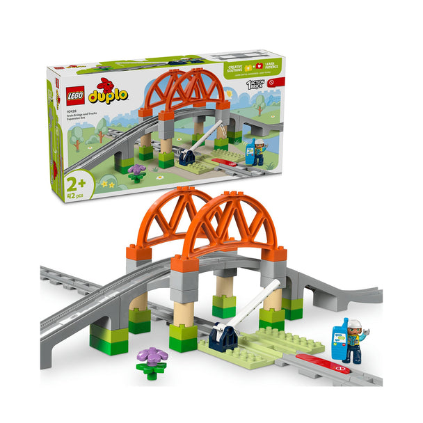 LEGO Duplo Train Bridge and Tracks Expansion Set with raised bridge, train tracks, raisable barrier, and engineer figure for toddlers aged 2+
