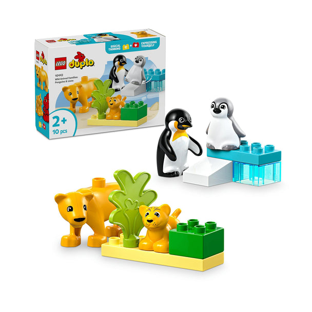 LEGO Duplo Wild Animal Families building set with penguin and lion figures and habitat blocks for toddlers aged 2+