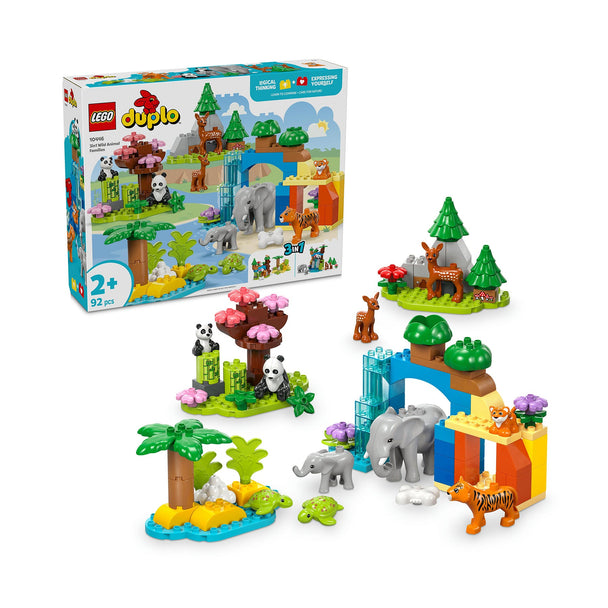 LEGO DUPLO 3 IN 1 Wild Animal Families building set with tiger, elephant, deer, panda, and turtle figures for toddlers aged 2+