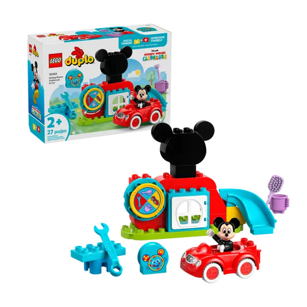 LEGO Duplo Mickey Mouse Clubhouse building set with Mickey figure, red car, slide, and interactive play features for toddlers 2+