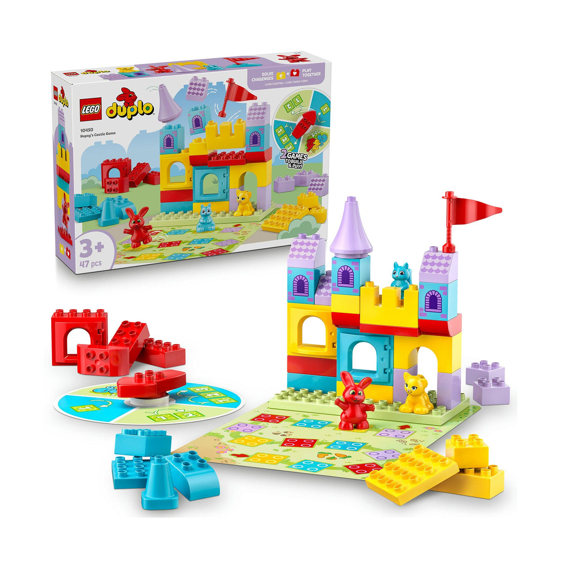 LEGO DUPLO Hopsy’s Castle Game 2-in-1 board game with colorful bricks, animal figures, and castle build for toddlers aged 3 and up
