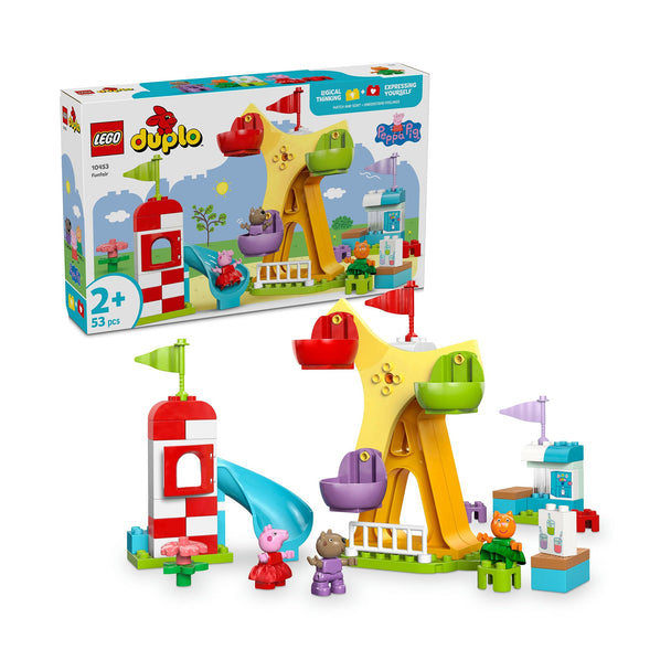 LEGO DUPLO Funfair playset with Ferris wheel, slide, juice bar, and Peppa Pig characters for preschool kids aged 2+