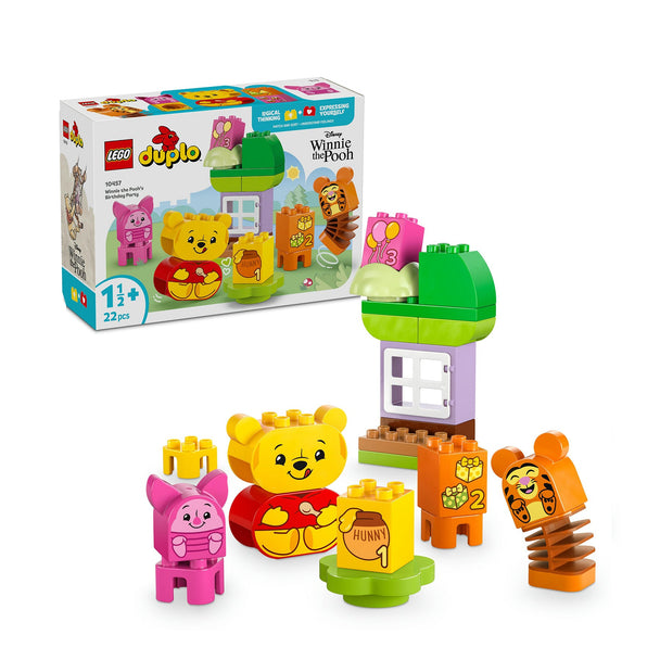 LEGO DUPLO Winnie the Pooh's Birthday Party building set with Winnie the Pooh, Tigger, Piglet figures, gifts, and tree house for toddlers aged 1.5+ with 22 pieces