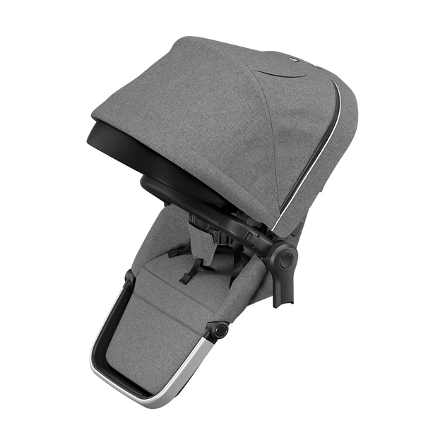 Thule Sleek Sibling Seat attached to stroller showing reversible and reclining features