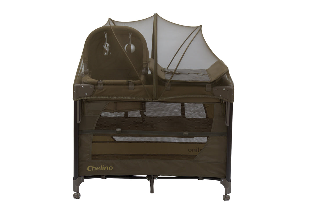 Chelino Tiffany Lux III Co-Sleeper camp cot in espresso color for birth to 3 years, versatile and safe baby sleep solution
