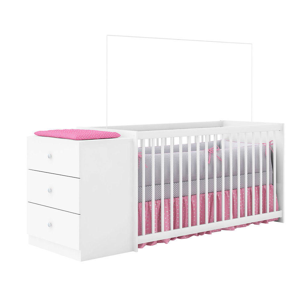 Modern white Teagan cot and all-in-one nursery station with attached dresser and pink bedding accents