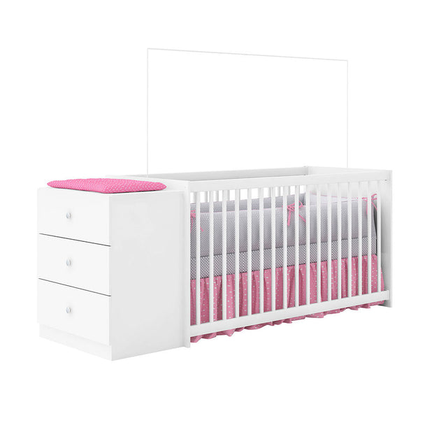 Modern white Teagan cot and all-in-one nursery station with attached dresser and pink bedding accents
