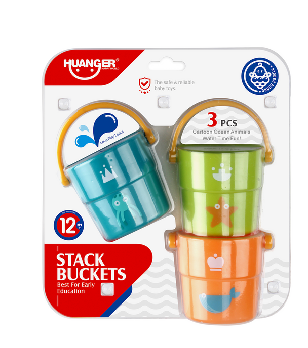 Huanger Water Stacking Buckets 3PC set for imaginative play, colorful and safe for children 12 months and up.