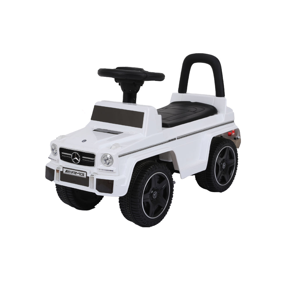 G Wagon Mercedes Benz G63 push car for toddlers, white mini ride-on vehicle.