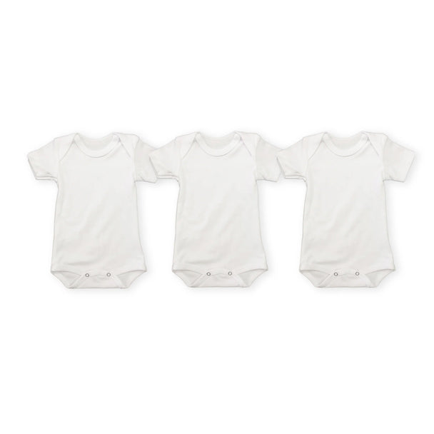 Three white BR Babyvest short sleeve cotton baby bodysuits with snap button closures