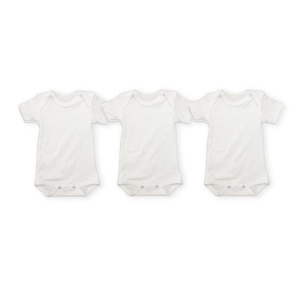 Three white BR Babyvest short sleeve cotton baby bodysuits with snap button closures