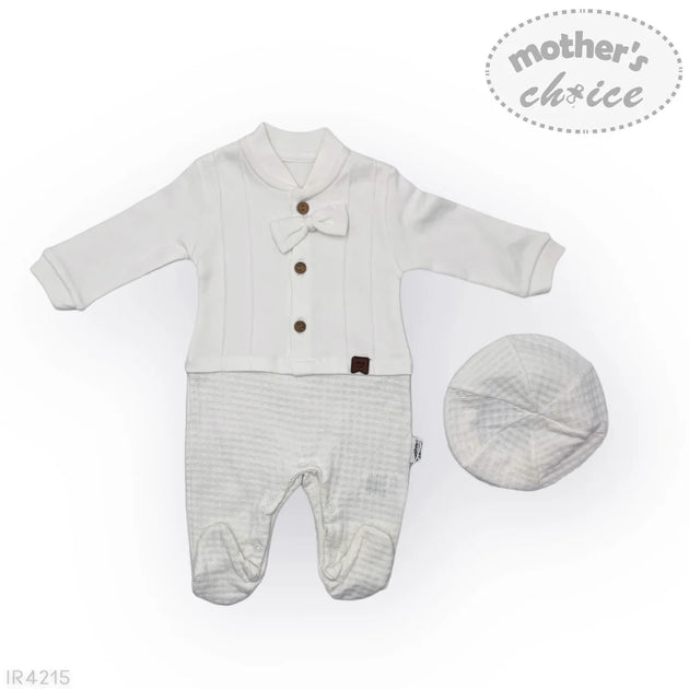 M/C WHITE 2PC GROWERS soft waffle-textured white baby grower set with matching hat for newborn boys