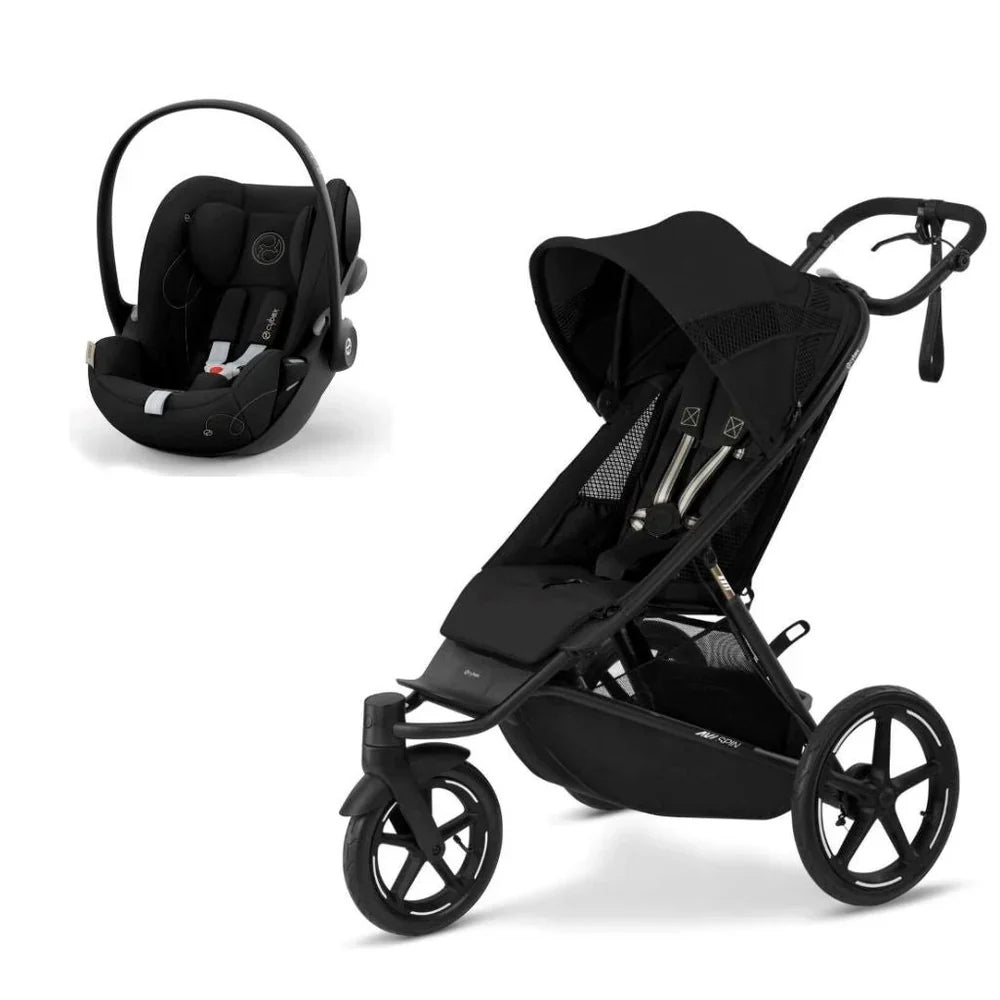 Cybex Avi Spin stroller with Cloud G car seat, ideal for city and outdoor use, featuring a swivel wheel, ergonomic design, and compact fold.