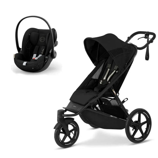 Cybex Avi Spin stroller with Cloud G car seat, ideal for city and outdoor use, featuring a swivel wheel, ergonomic design, and compact fold.