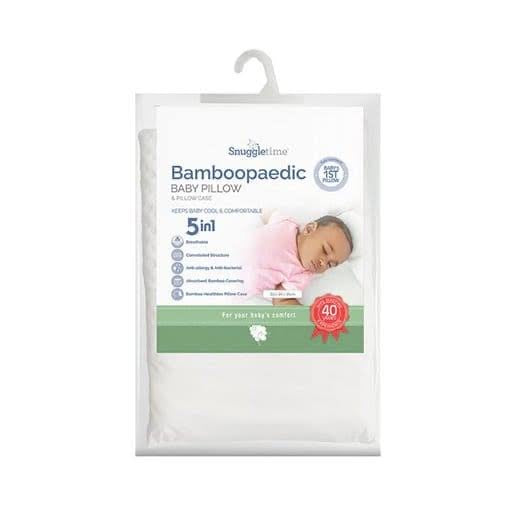 Baby pillow and pillow case in white packaging, featuring a printed sleeping baby and green 5-in-1 band; Bamboopaedic Baby Pillow & Pillow Case 5