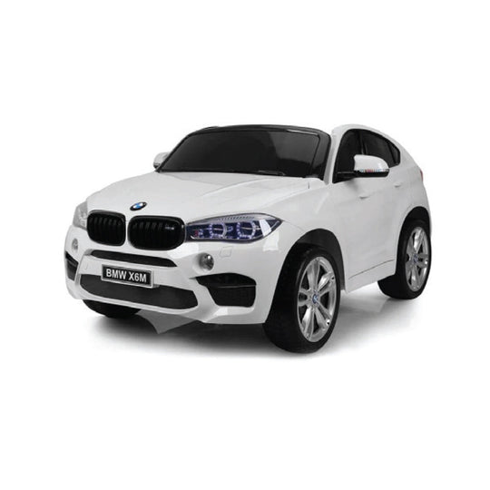 BMW X6 White Ride On Car for kids with realistic design, LED headlights, and safety seatbelt.