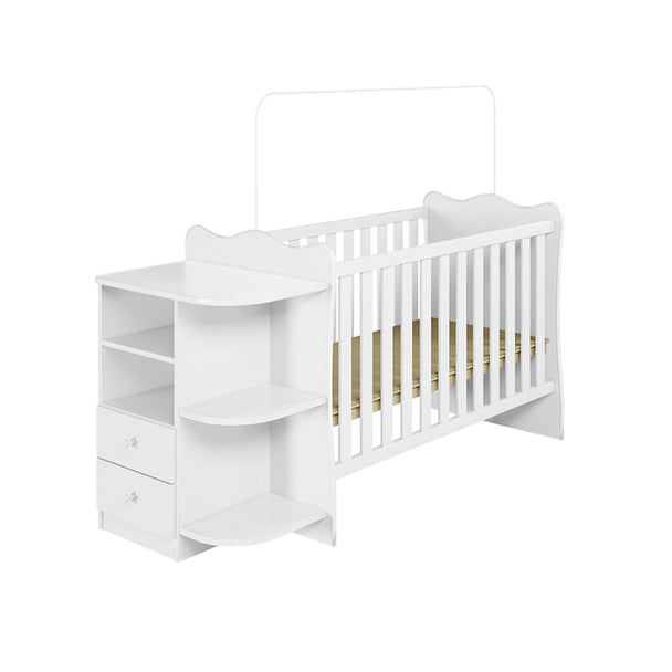 White Amari Cot and all-in-one nursery station with rounded edges, integrated dresser, and shelves for baby essentials.