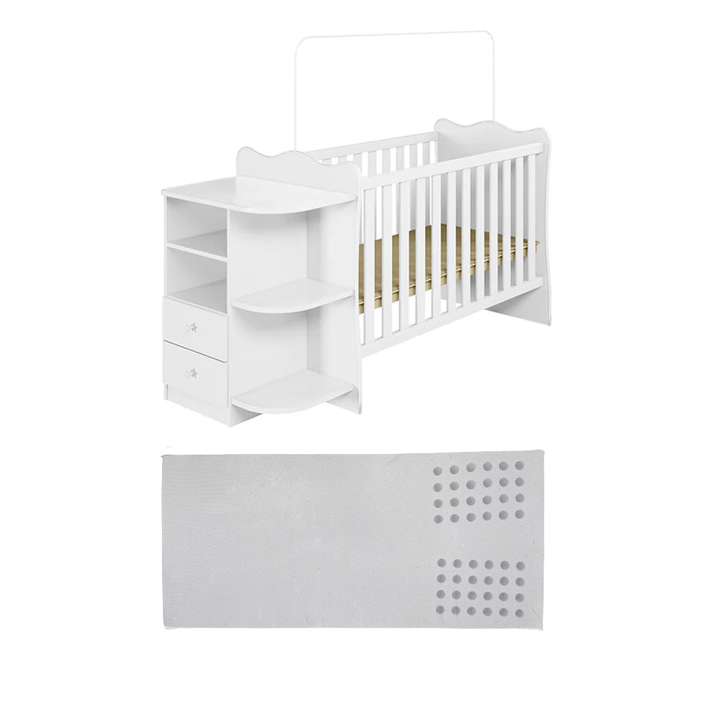 Modern white Amari Cot and all-in-one nursery station with rounded edges and integrated dresser for baby essentials storage