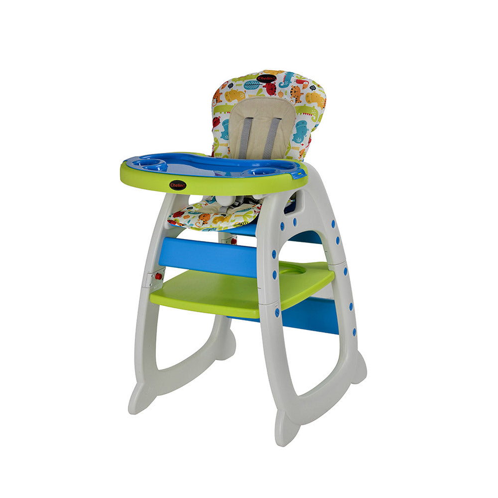 Angel 3 in 1 High Chair in green with colorful animal prints, detachable tray, and multi-position recline for infants to toddlers.