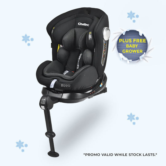 Atlantis II i-Size Stages child car seat in black with four-stage rotation and enhanced safety restraint system, suitable for newborns to 12 years, includes free baby grower.
