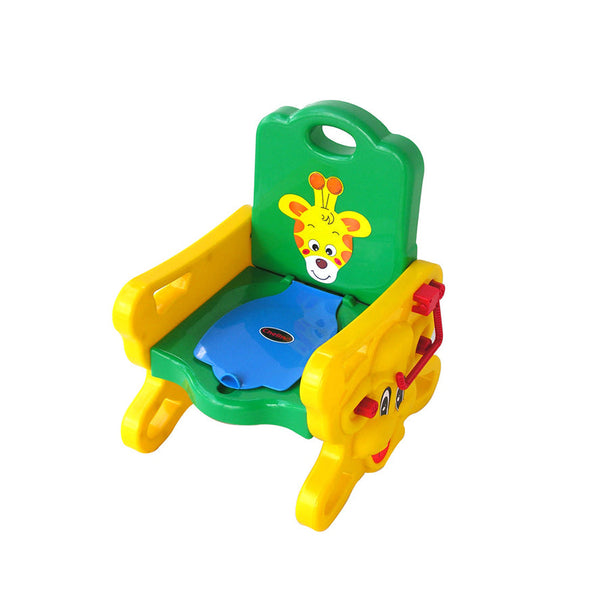 Colorful musical potty chair with lid, toilet roll holder, and spillage protector for ages 12 months and up.