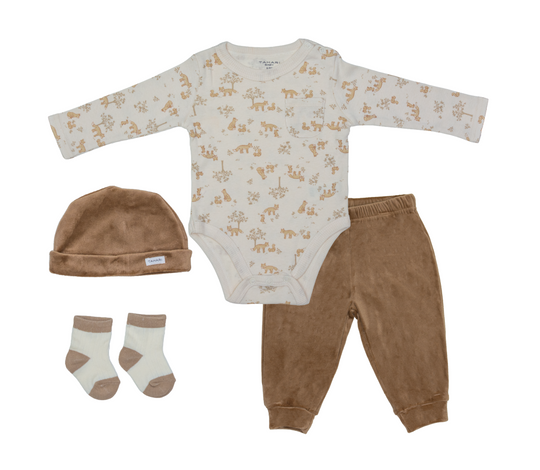 Baby wearing 4 piece brown velvet set, soft and breathable baby clothing