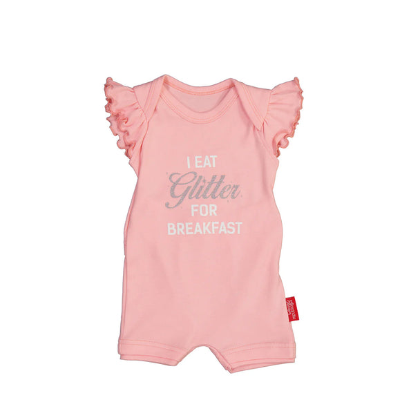 Peach Baby Republic baby onesie with "I Eat Glitter For Breakfast" glitter graphic and frill sleeves