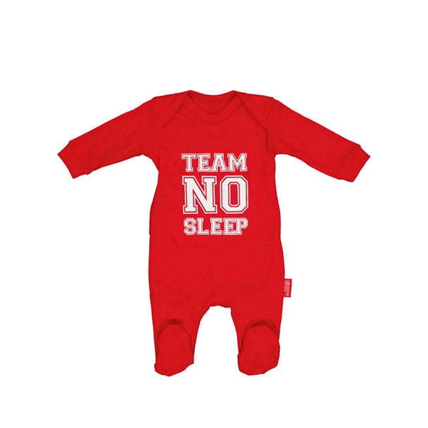 Red Baby Republic Team No Sleep onesie for newborns with long sleeves and snap-button closure