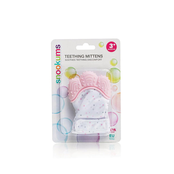 Snookums Teething Mittens for babies 3 months and up with soft fabric and pink silicone teether.