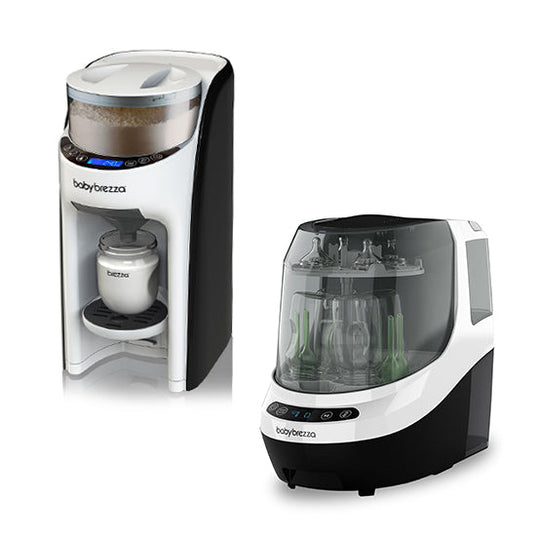 Baby Brezza Formula Pro Advanced and Bottle Washer Pro Combo for easy bottle prep and cleaning.