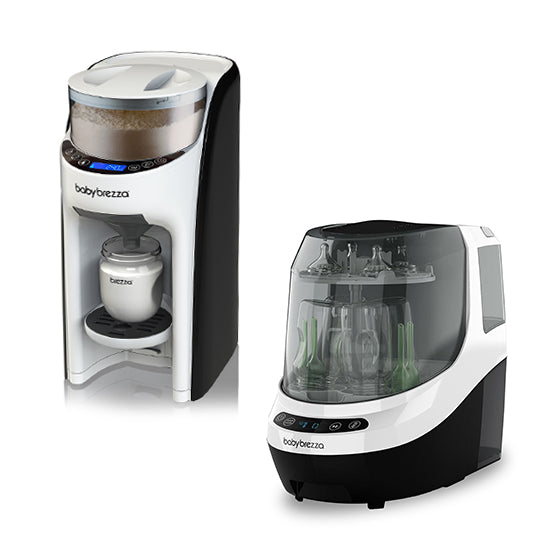 Baby Brezza Formula Pro Advanced and Bottle Washer Pro Combo for easy bottle prep and cleaning.