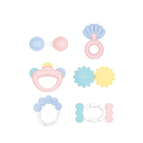 Colorful baby rattle set, 6 pieces, pestle-shape, for newborns' sensory exploration.