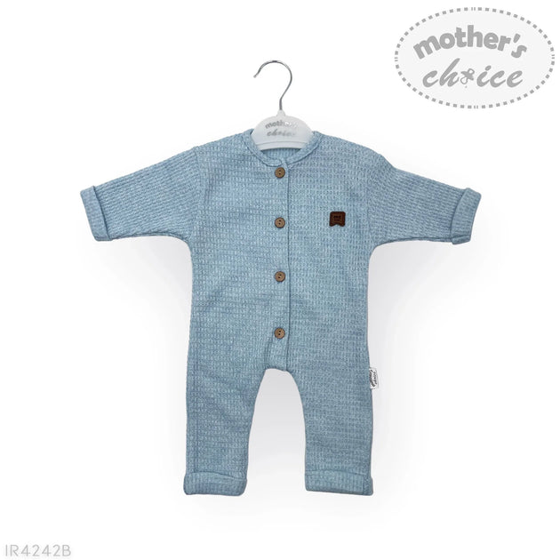 Blue raised waffle texture newborn romper with snap-button closure on hanger