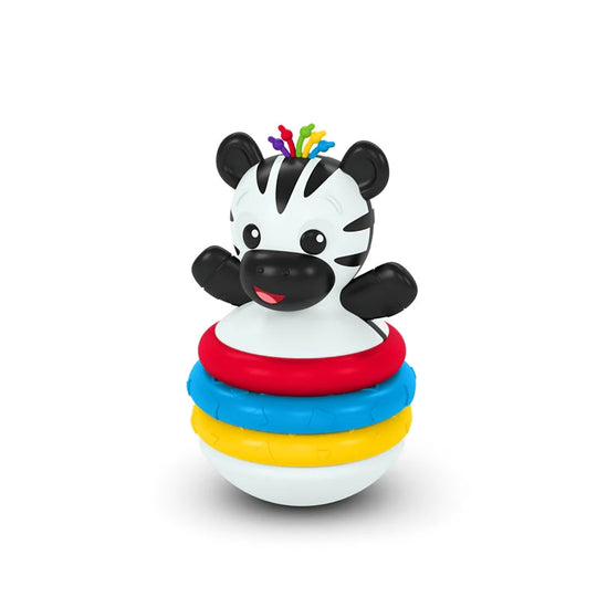 Baby Einstein Stack & Wobble Zen Teether Toy with colorful rings and zebra design.
