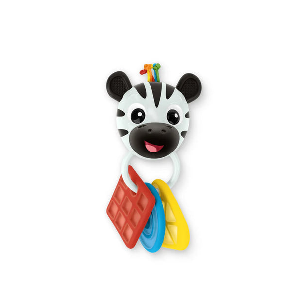 Baby Einstein Zen Rattle & Teether with colorful shapes and zebra design.