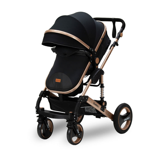Bee Black & Gold Travel System for newborns and infants up to 15 kg with advanced safety features and portability