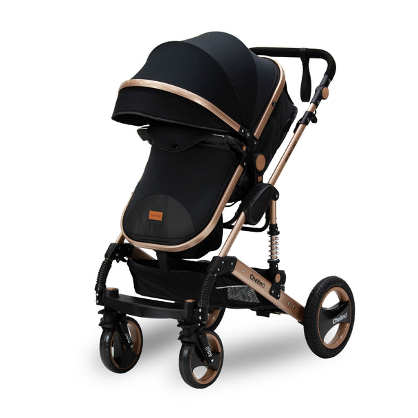 Bee Black & Gold Travel System for newborns and infants up to 15 kg with advanced safety features and portability