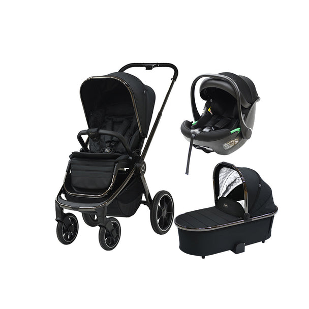 Bella Black Chrome 3 in 1 Travel System with carry cot and shiny gold accents.